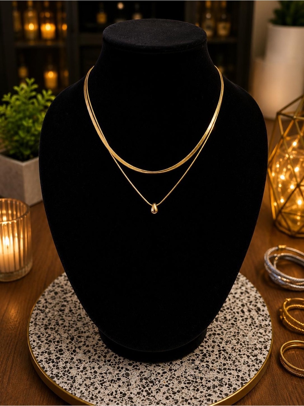 Gold Double-Layer Teardrop Pendant Necklace - Women Jewelry